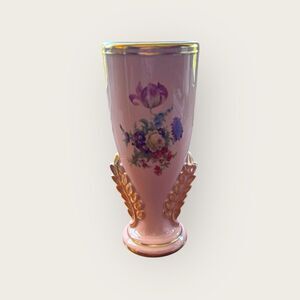 Vintage Art Deco Vase Pink Flowers Gold Trim